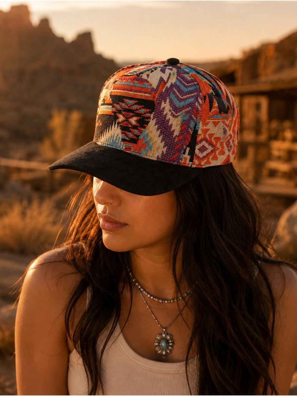 Boho Aztec Pattern Baseball Cap with Black Visor